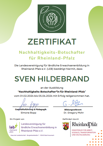 Zertifikat Nachhaltigkeitsbotschafter Rheinland-Pfalz Sven Hildebrand